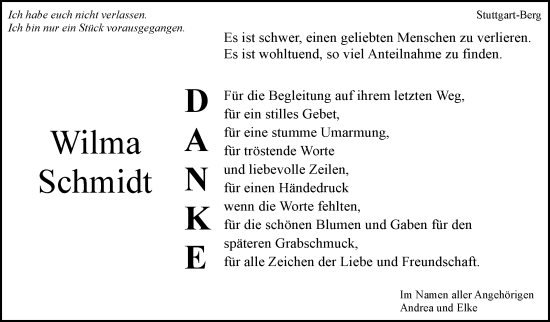 Traueranzeige von Wilma Schmidt von Stuttgarter Zeitung / Stuttgarter Nachrichten