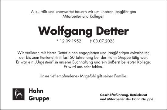 Traueranzeige von Wolfgang Detter von Stuttgarter Zeitung / Stuttgarter Nachrichten