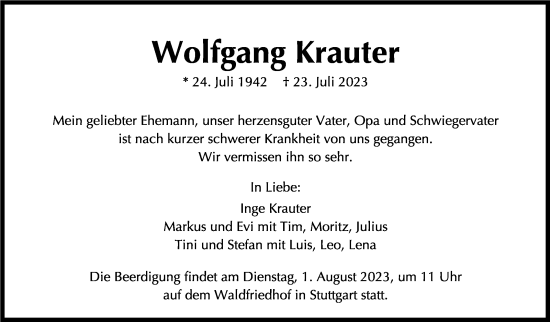 Traueranzeige von Wolfgang Krauter von Stuttgarter Zeitung / Stuttgarter Nachrichten