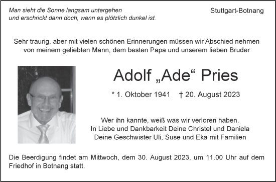 Traueranzeige von Adolf Pries von Stuttgarter Zeitung / Stuttgarter Nachrichten