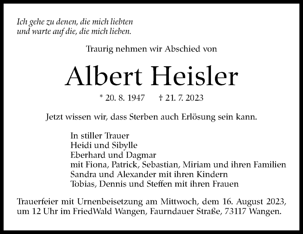  Traueranzeige für Albert Heisler vom 04.08.2023 aus Stuttgarter Zeitung / Stuttgarter Nachrichten