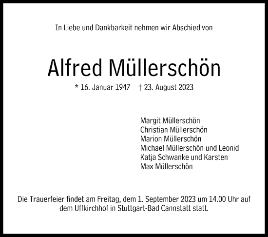 Traueranzeige von Alfred Müllerschön von Stuttgarter Zeitung / Stuttgarter Nachrichten