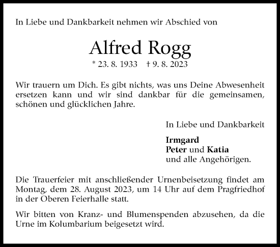 Traueranzeige von Alfred Rogg von Stuttgarter Zeitung / Stuttgarter Nachrichten