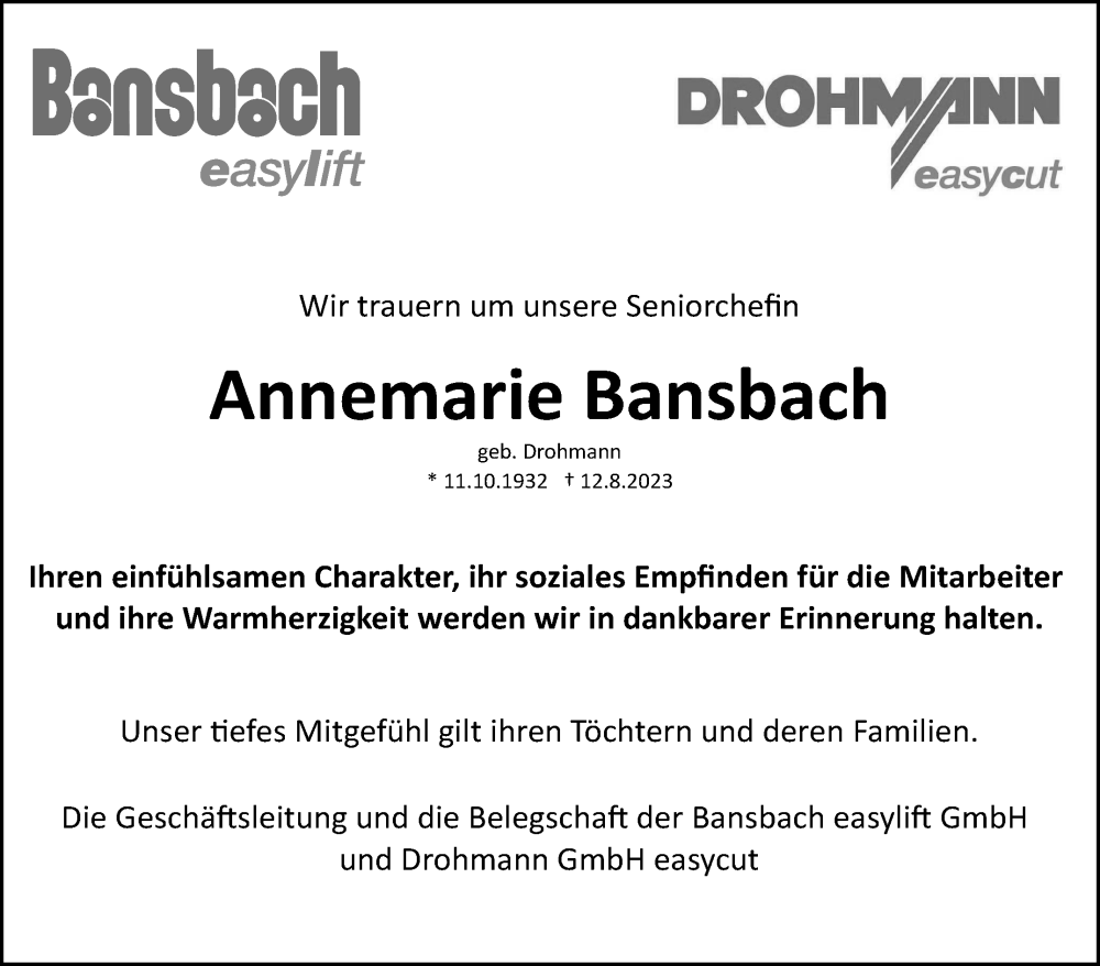 Traueranzeige für Annemarie Bansbach vom 19.08.2023 aus Stuttgarter Zeitung / Stuttgarter Nachrichten
