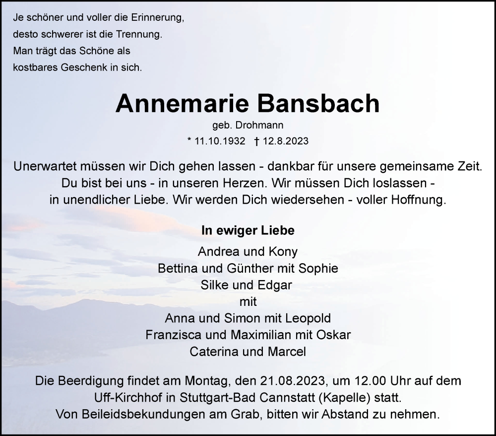  Traueranzeige für Annemarie Bansbach vom 19.08.2023 aus Stuttgarter Zeitung / Stuttgarter Nachrichten