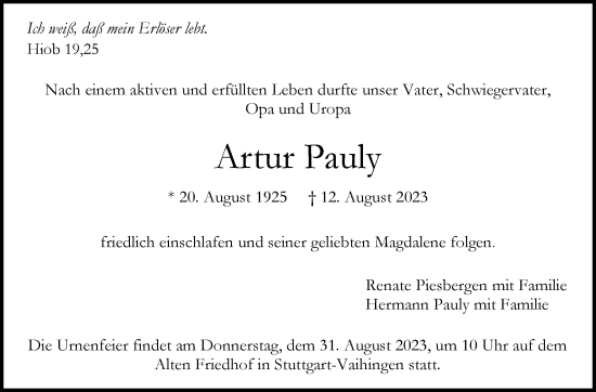 Traueranzeige von Artur Pauly von Stuttgarter Zeitung / Stuttgarter Nachrichten