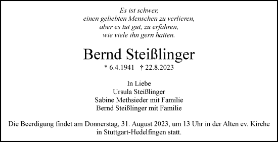 Traueranzeige von Bernd Steißlinger von Stuttgarter Zeitung / Stuttgarter Nachrichten
