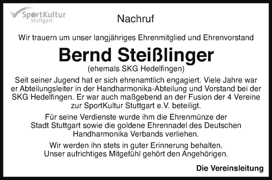 Traueranzeige von Bernd Steißlinger von Stuttgarter Zeitung / Stuttgarter Nachrichten