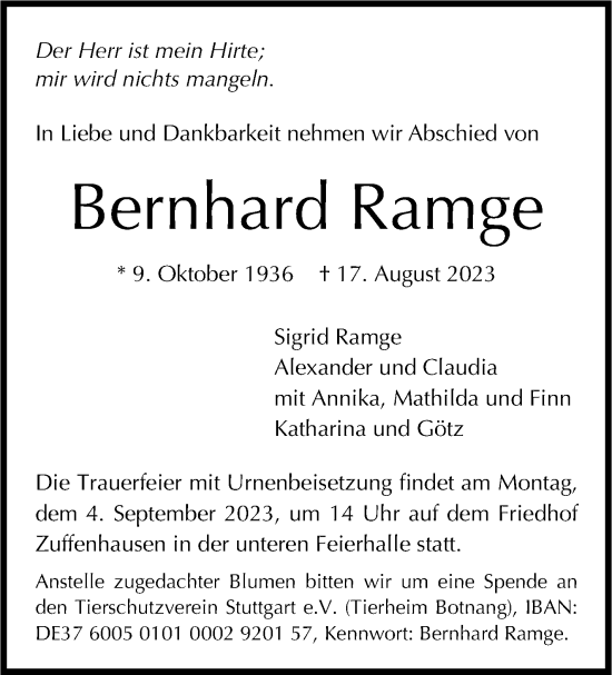 Traueranzeige von Bernhard Ramge von Stuttgarter Zeitung / Stuttgarter Nachrichten
