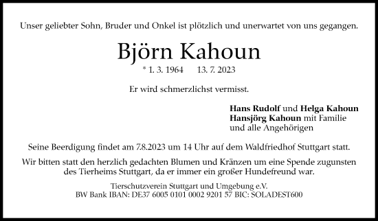 Traueranzeige von Björn Kahoun von Stuttgarter Zeitung / Stuttgarter Nachrichten