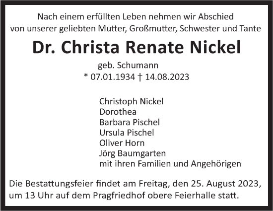 Traueranzeige von Christa Renate Nickel von Stuttgarter Zeitung / Stuttgarter Nachrichten