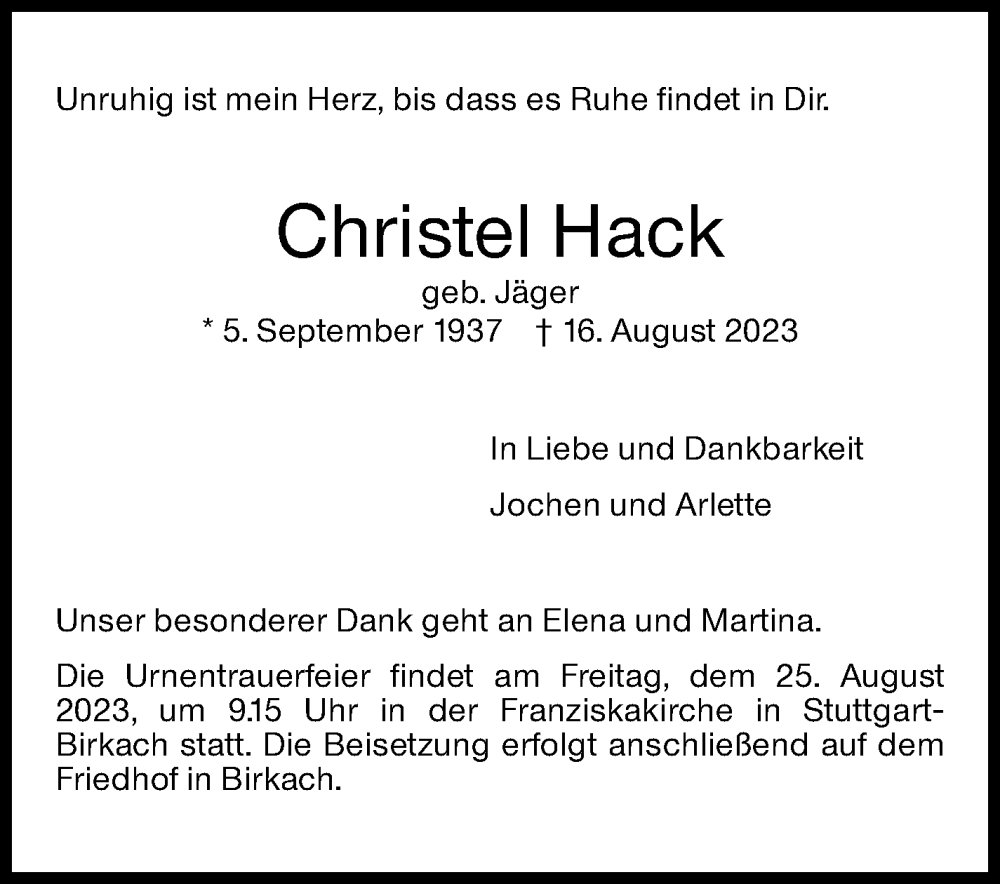  Traueranzeige für Christel Hack vom 22.08.2023 aus Stuttgarter Zeitung / Stuttgarter Nachrichten