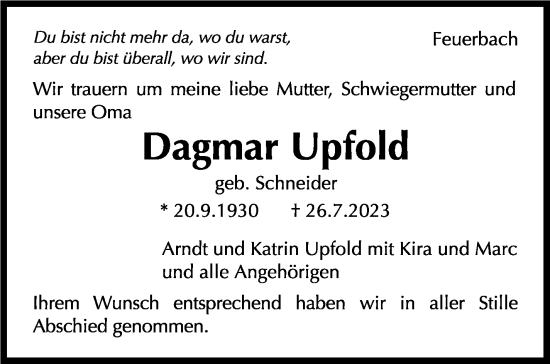 Traueranzeige von Dagmar Upfold von Stuttgarter Zeitung / Stuttgarter Nachrichten
