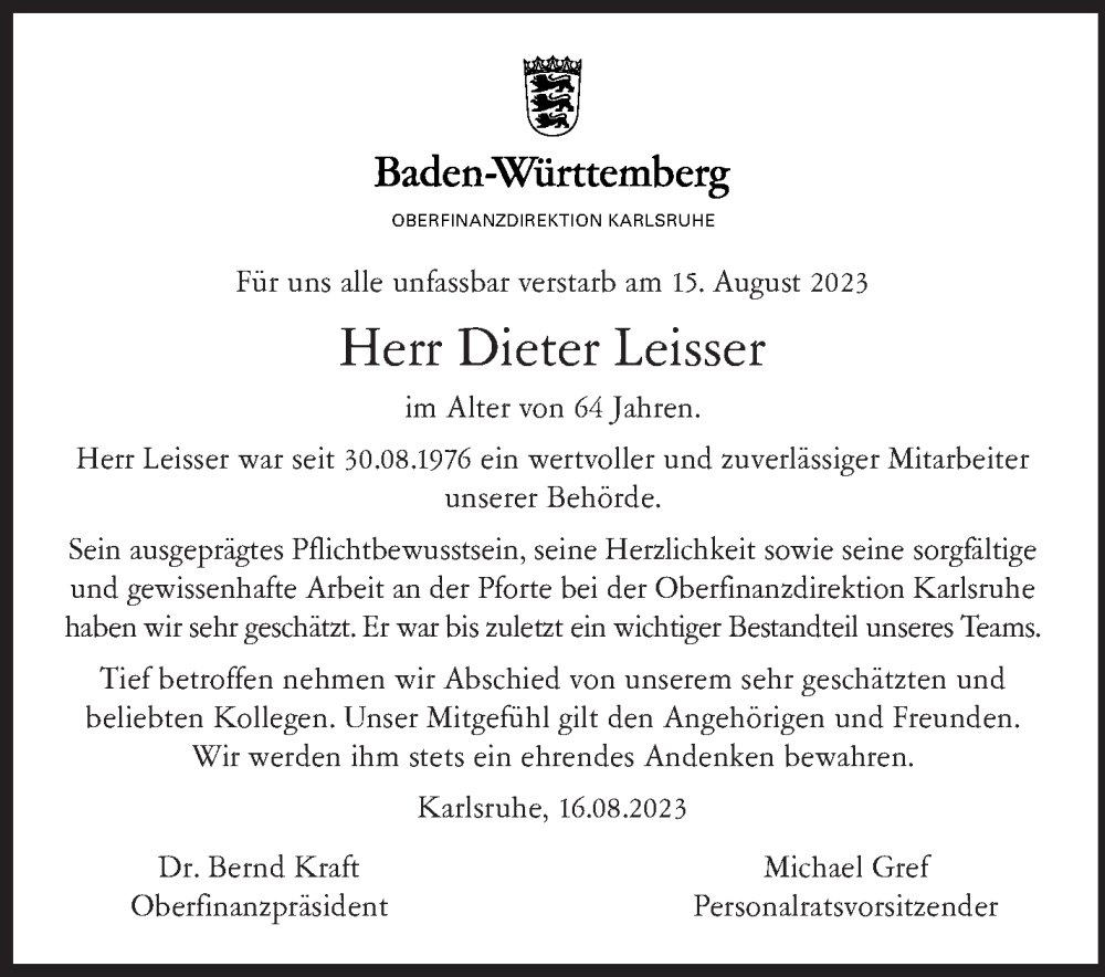  Traueranzeige für Dieter Leisser vom 24.08.2023 aus Stuttgarter Zeitung / Stuttgarter Nachrichten