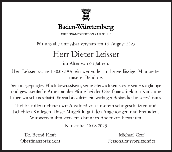 Traueranzeige von Dieter Leisser von Stuttgarter Zeitung / Stuttgarter Nachrichten