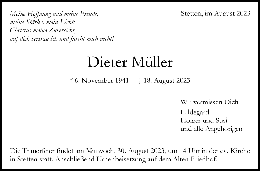  Traueranzeige für Dieter Müller vom 24.08.2023 aus Stuttgarter Zeitung / Stuttgarter Nachrichten