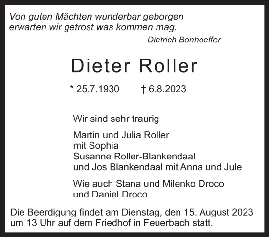 Traueranzeige von Dieter Roller von Stuttgarter Zeitung / Stuttgarter Nachrichten