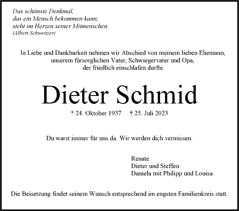  Traueranzeige für Dieter Schmid vom 05.08.2023 aus Stuttgarter Zeitung / Stuttgarter Nachrichten
