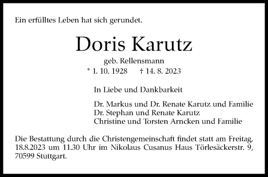 Traueranzeige von Doris Karutz von Stuttgarter Zeitung / Stuttgarter Nachrichten