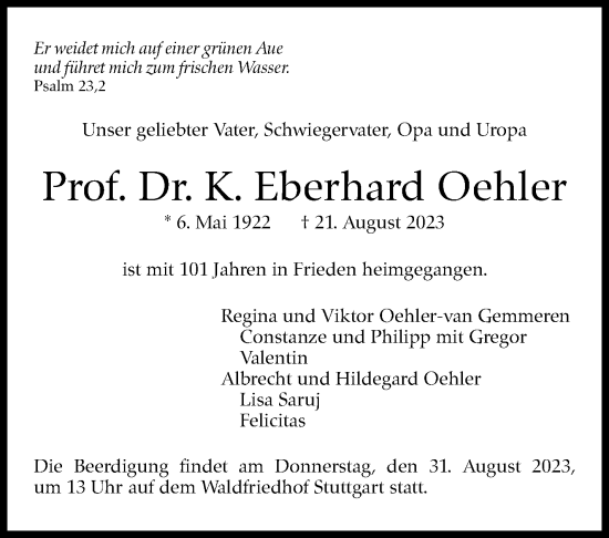 Traueranzeige von Eberhard Oehler von Stuttgarter Zeitung / Stuttgarter Nachrichten
