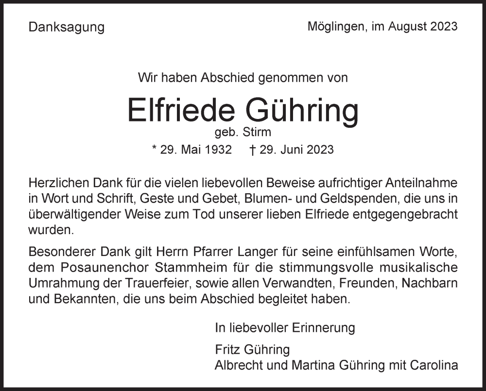  Traueranzeige für Elfriede Gühring vom 12.08.2023 aus Stuttgarter Zeitung / Stuttgarter Nachrichten