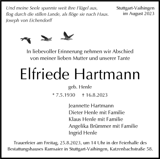 Traueranzeige von Elfriede Hartmann von Stuttgarter Zeitung / Stuttgarter Nachrichten