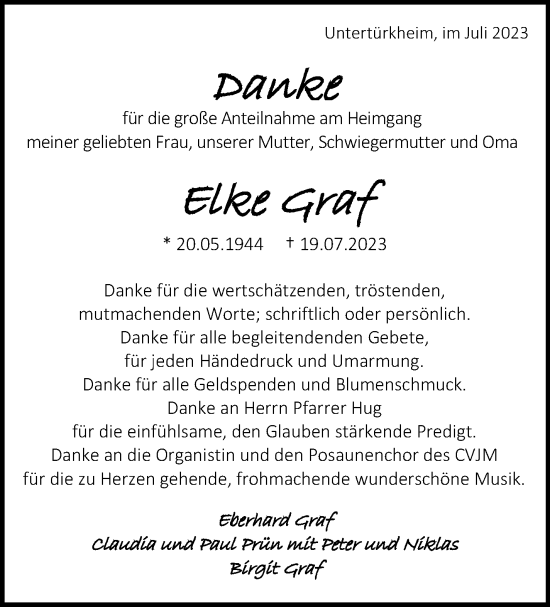 Traueranzeige von Elke Graf von Stuttgarter Zeitung / Stuttgarter Nachrichten