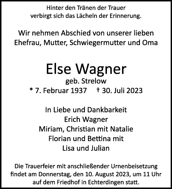 Traueranzeige von Else Wagner von Stuttgarter Zeitung / Stuttgarter Nachrichten
