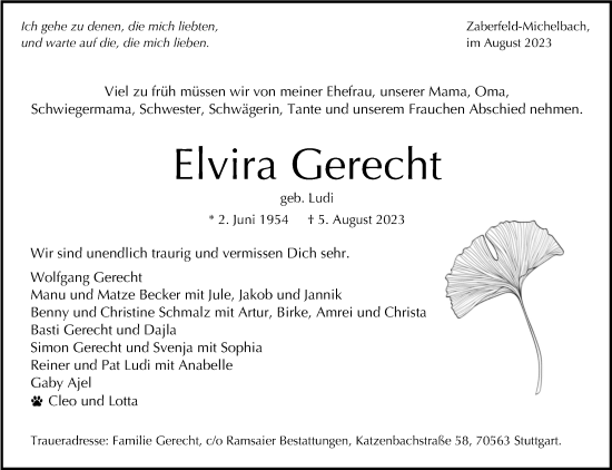 Traueranzeige von Elvira Gerecht von Stuttgarter Zeitung / Stuttgarter Nachrichten