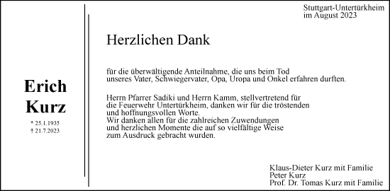 Traueranzeige von Erich Kurz von Stuttgarter Zeitung / Stuttgarter Nachrichten