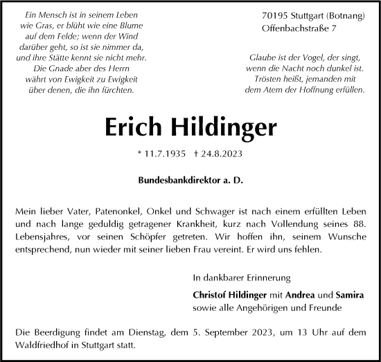 Traueranzeige von Erich Hildinger von Stuttgarter Zeitung / Stuttgarter Nachrichten