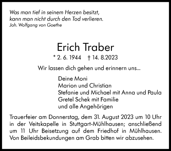 Traueranzeige von Erich Traber von Stuttgarter Zeitung / Stuttgarter Nachrichten