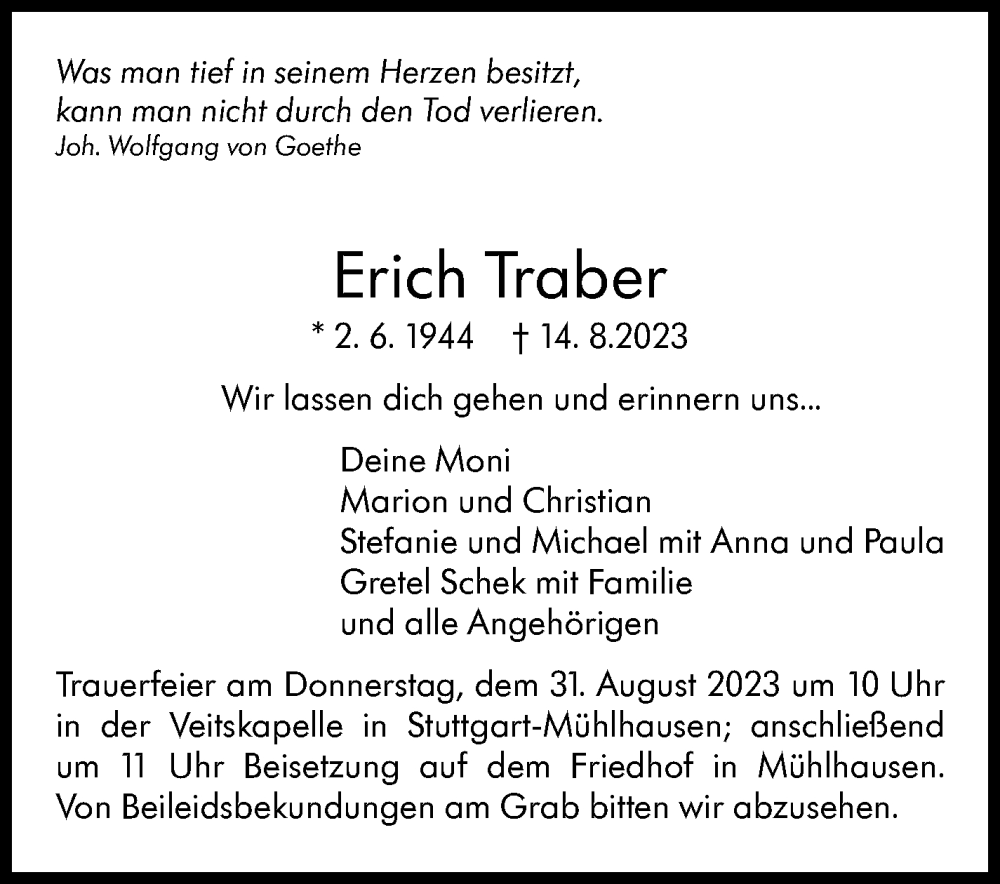  Traueranzeige für Erich Traber vom 25.08.2023 aus Stuttgarter Zeitung / Stuttgarter Nachrichten