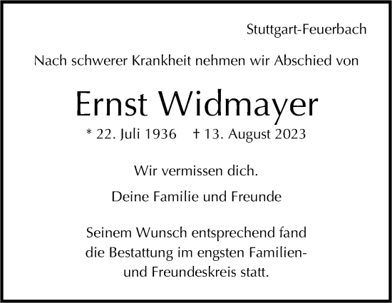 Traueranzeige von Ernst Widmayer von Stuttgarter Zeitung / Stuttgarter Nachrichten