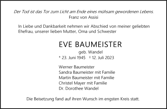 Traueranzeige von Eve Baumeister von Stuttgarter Zeitung / Stuttgarter Nachrichten