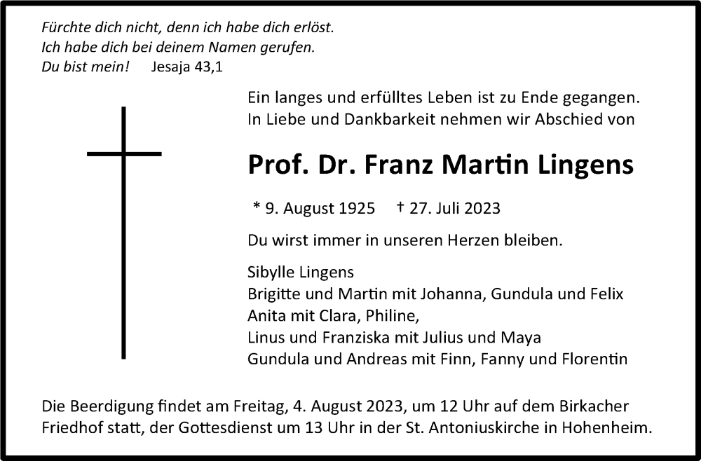  Traueranzeige für Franz Martin Lingens vom 02.08.2023 aus Stuttgarter Zeitung / Stuttgarter Nachrichten