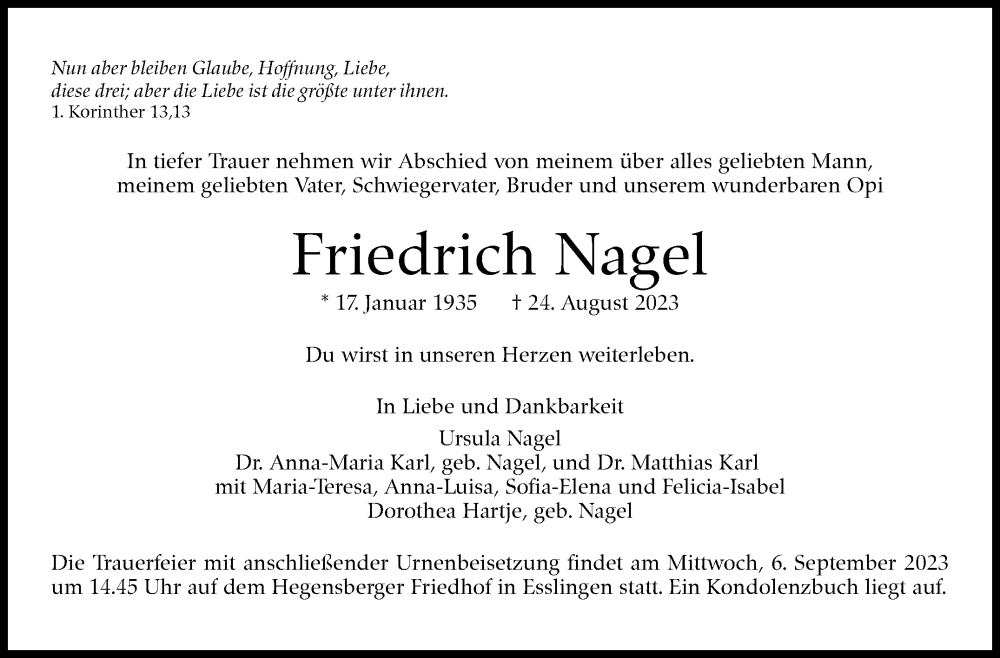  Traueranzeige für Friedrich Nagel vom 30.08.2023 aus Stuttgarter Zeitung / Stuttgarter Nachrichten