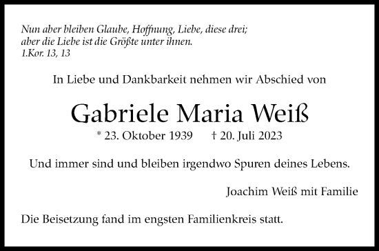 Traueranzeige von Gabriele Maria Weiß von Stuttgarter Zeitung / Stuttgarter Nachrichten