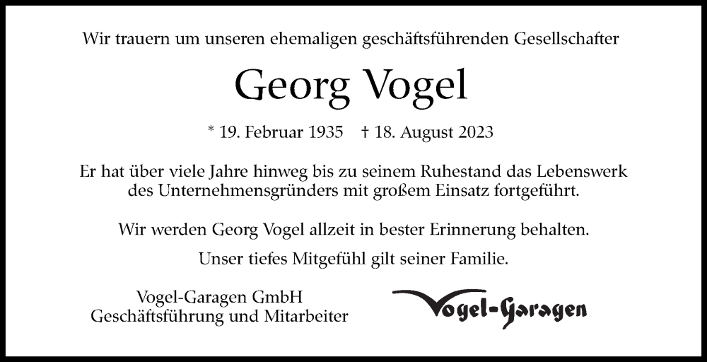  Traueranzeige für Georg Vogel vom 26.08.2023 aus Stuttgarter Zeitung / Stuttgarter Nachrichten