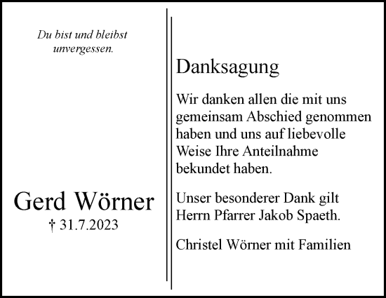 Traueranzeige von Gerd Wörner von Stuttgarter Zeitung / Stuttgarter Nachrichten
