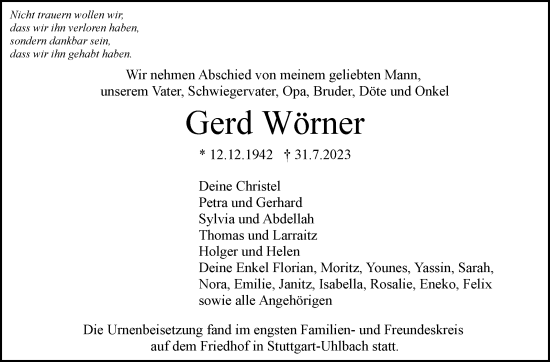 Traueranzeige von Gerd Wörner von Stuttgarter Zeitung / Stuttgarter Nachrichten