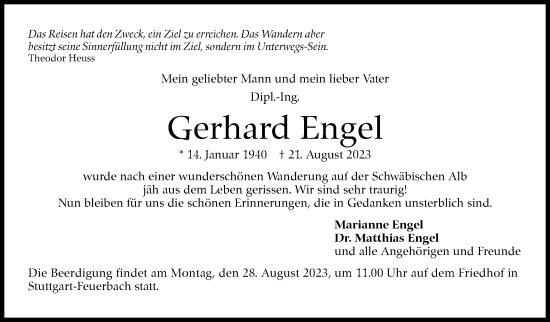 Traueranzeige von Gerhard Engel von Stuttgarter Zeitung / Stuttgarter Nachrichten