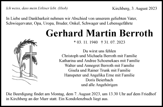Traueranzeige von Gerhard Martin Berroth von Stuttgarter Zeitung / Stuttgarter Nachrichten
