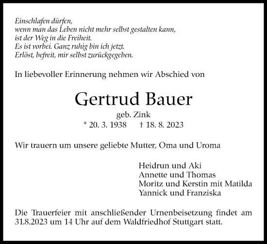 Traueranzeige von Gertrud Bauer von Stuttgarter Zeitung / Stuttgarter Nachrichten