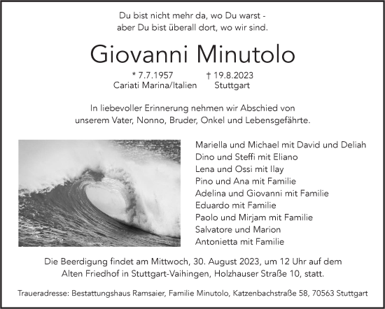 Traueranzeige von Giovanni Minutolo von Stuttgarter Zeitung / Stuttgarter Nachrichten