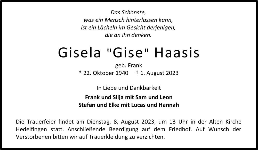  Traueranzeige für Gisela Haasis vom 05.08.2023 aus Stuttgarter Zeitung / Stuttgarter Nachrichten