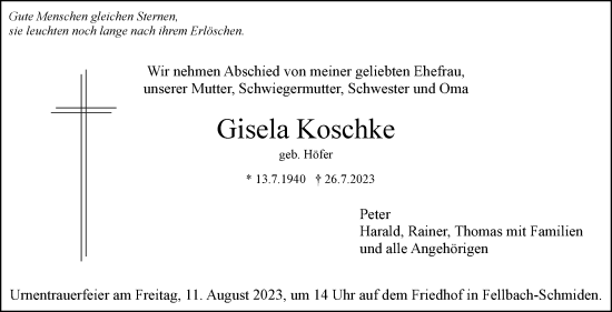 Traueranzeige von Gisela Koschke von Stuttgarter Zeitung / Stuttgarter Nachrichten