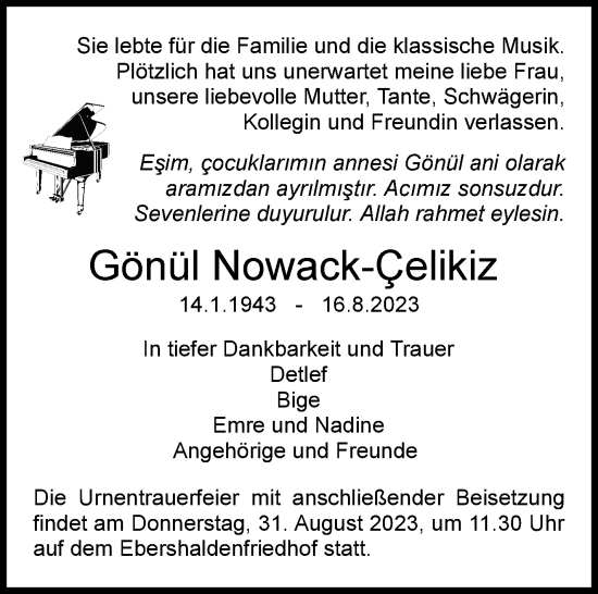 Traueranzeige von Gönül Nowack-Çelikiz von Stuttgarter Zeitung / Stuttgarter Nachrichten