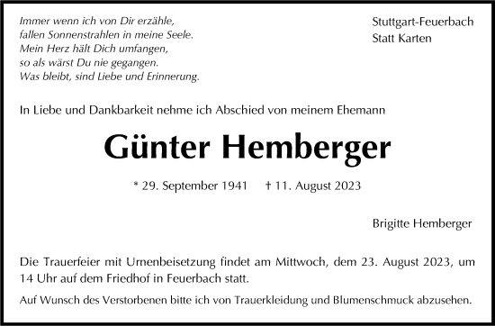 Traueranzeige von Günter Hemberger von Stuttgarter Zeitung / Stuttgarter Nachrichten