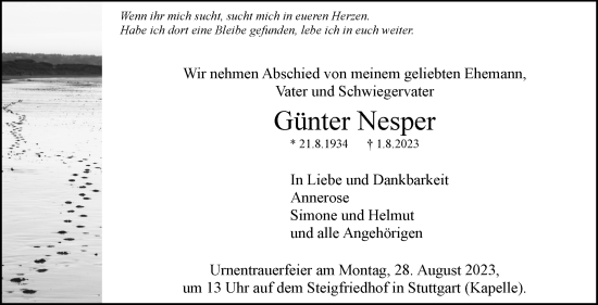 Traueranzeige von Günter Nesper von Stuttgarter Zeitung / Stuttgarter Nachrichten